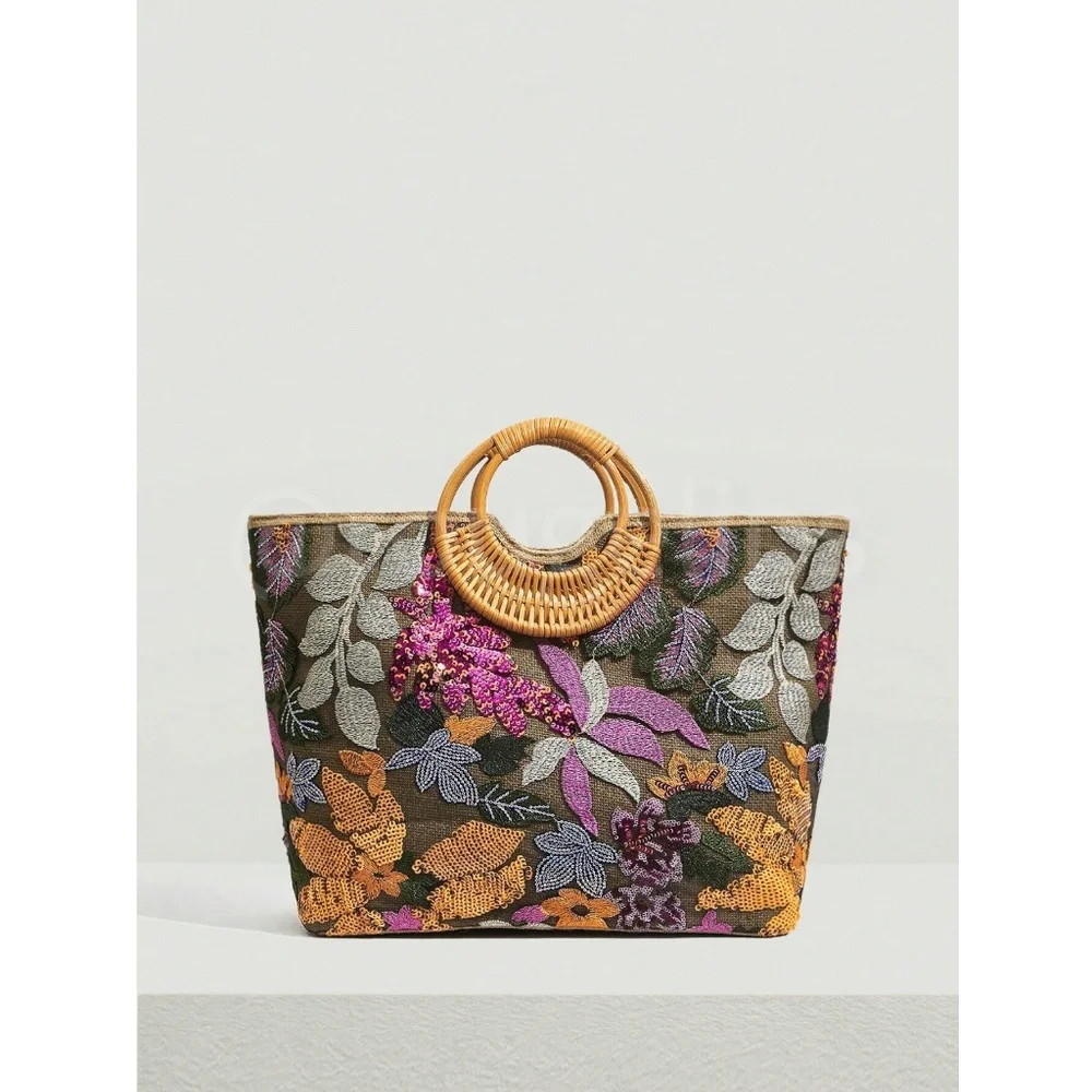 Sequined Floral Decorated Straw Tote Bag Bamboo Handle